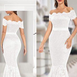 NWOT Women's Floral Lace Short Sleeve Off Shoulder Cocktail Mermaid Dress - Sz M